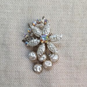 Vintage Prong Set Molded Lava Glass, and AB Rhinestone Floral Brooch.